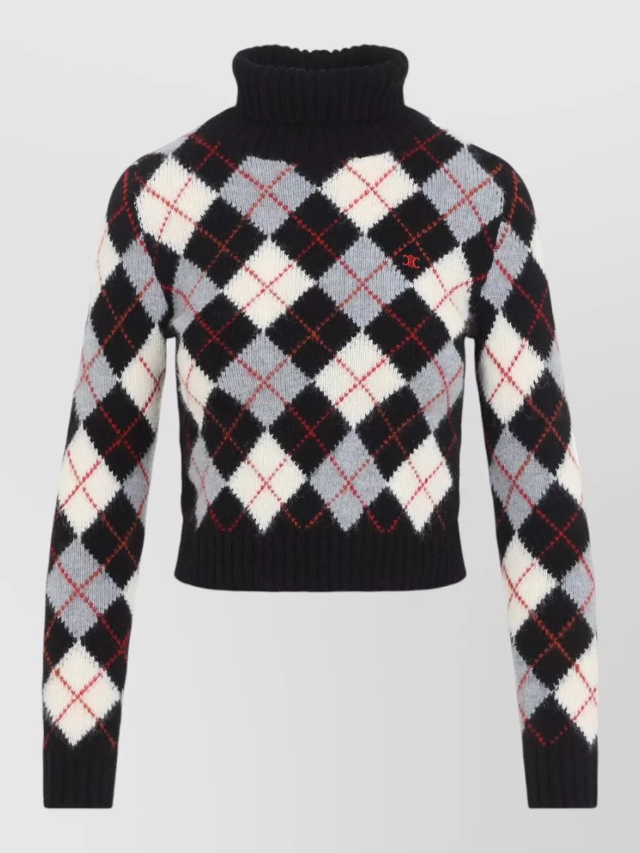Celine Wool ribbed cropped argyle turtleneck sweater