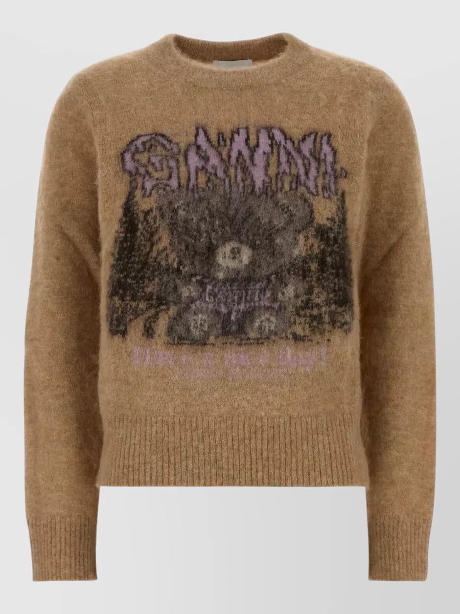 Ganni alpaca-blend teddy graphic ribbed crewneck sweater