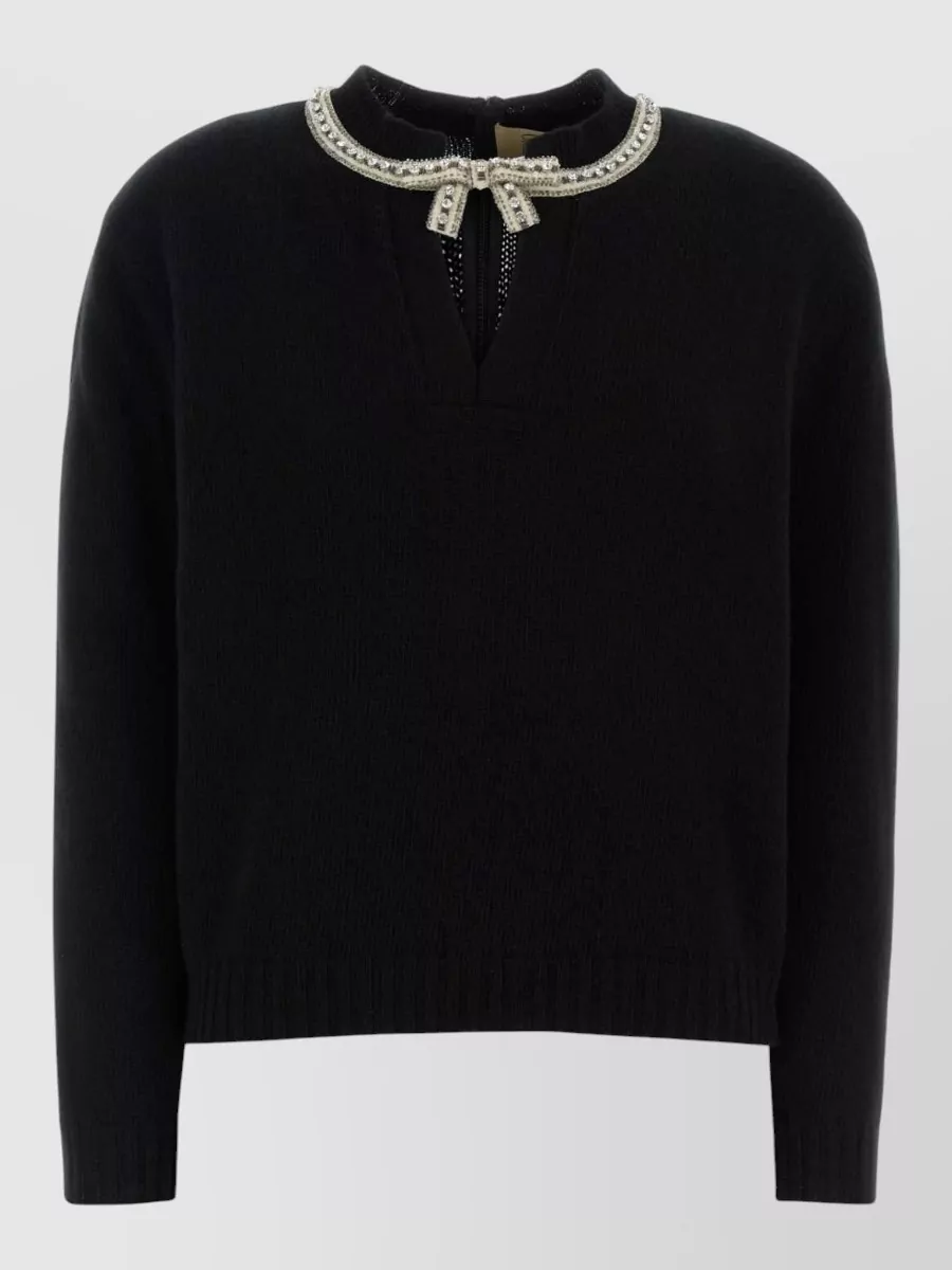 Valentino Wool Sweater Long Sleeves Embellished Collar In Black