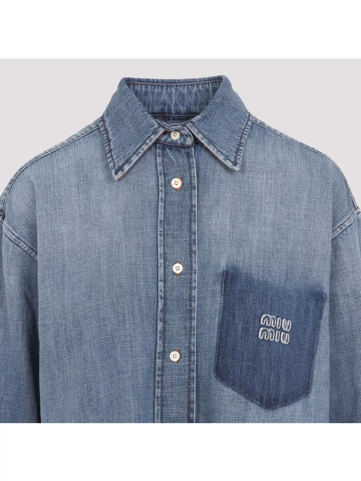 MIU MIU DENIM SHIRT WITH CHEST POCKET AND ROUND HEM