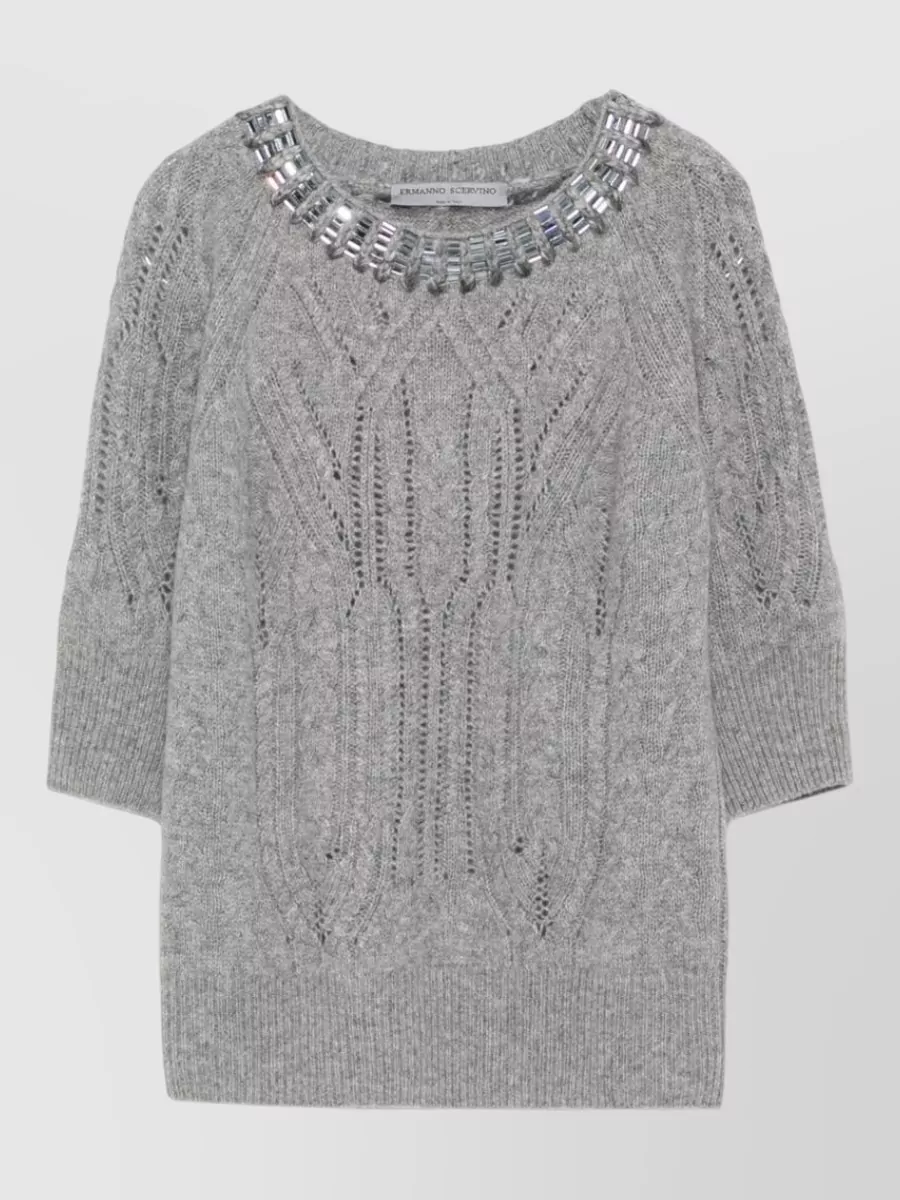 Ermanno Scervino cashmere cable-knit crystal-embellished short-sleeve sweater
