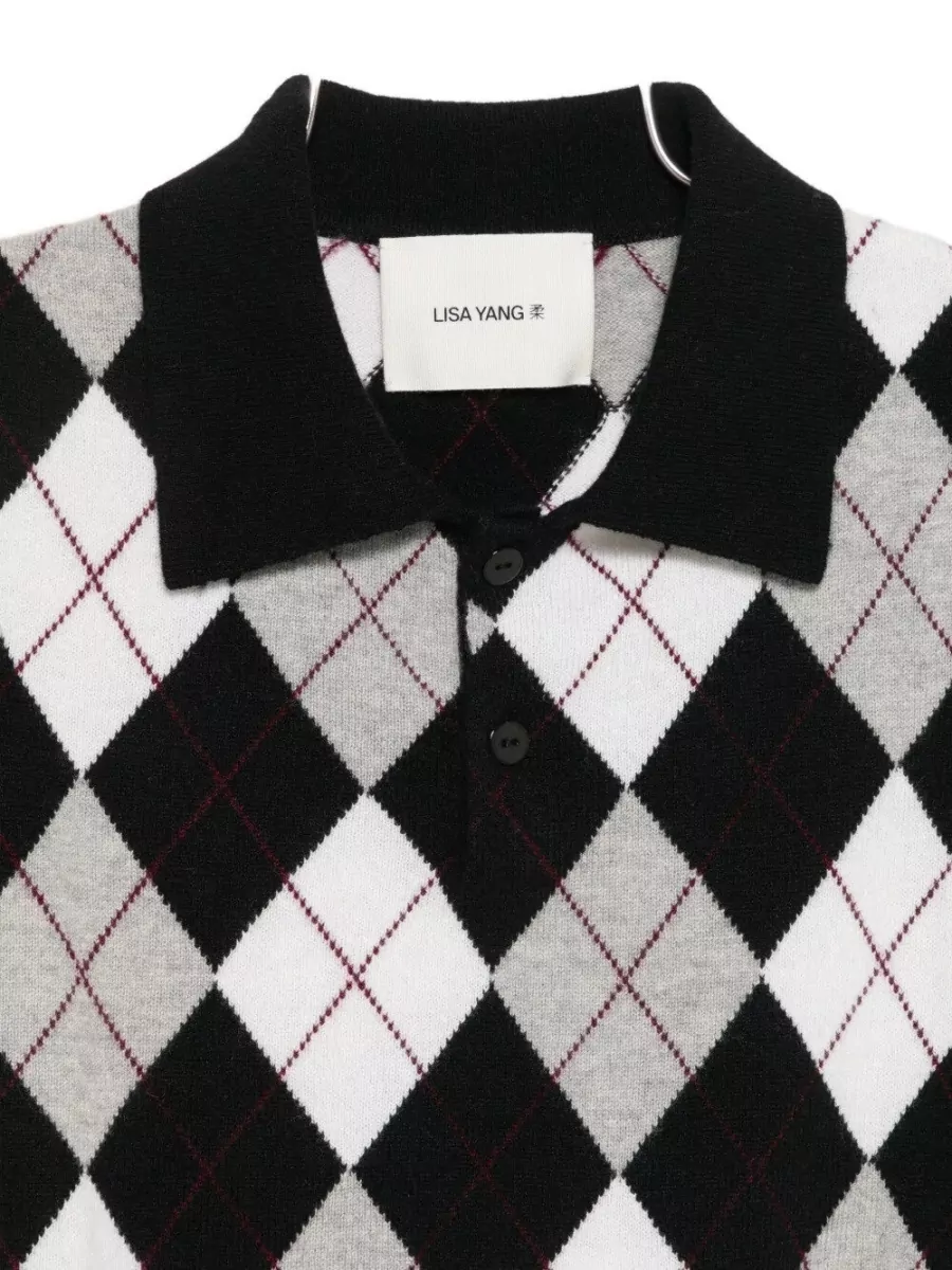 Lisa Yang Cashmere Sleeveless Diamond-Print Polo Top