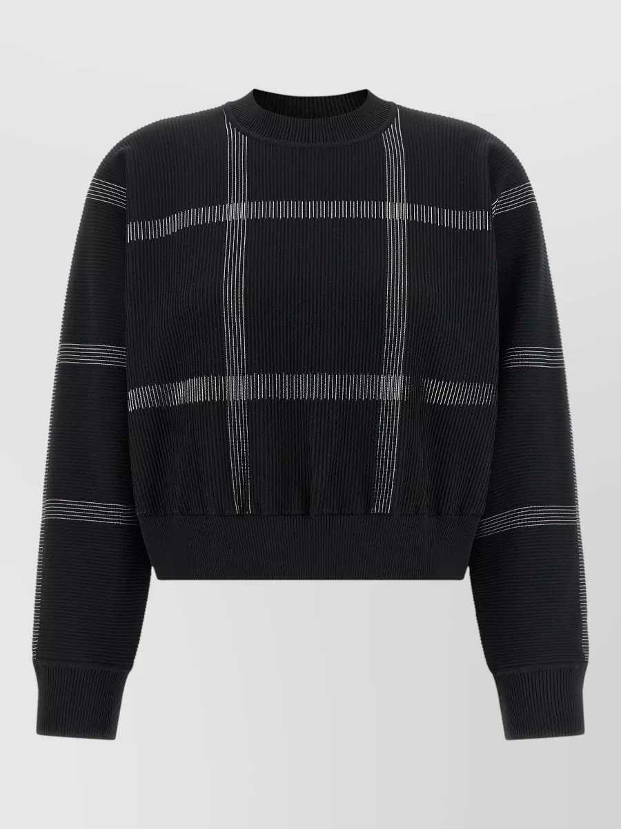 Pleats Please Issey Miyake ribbed checked cropped crew neck long-sleeve jumper