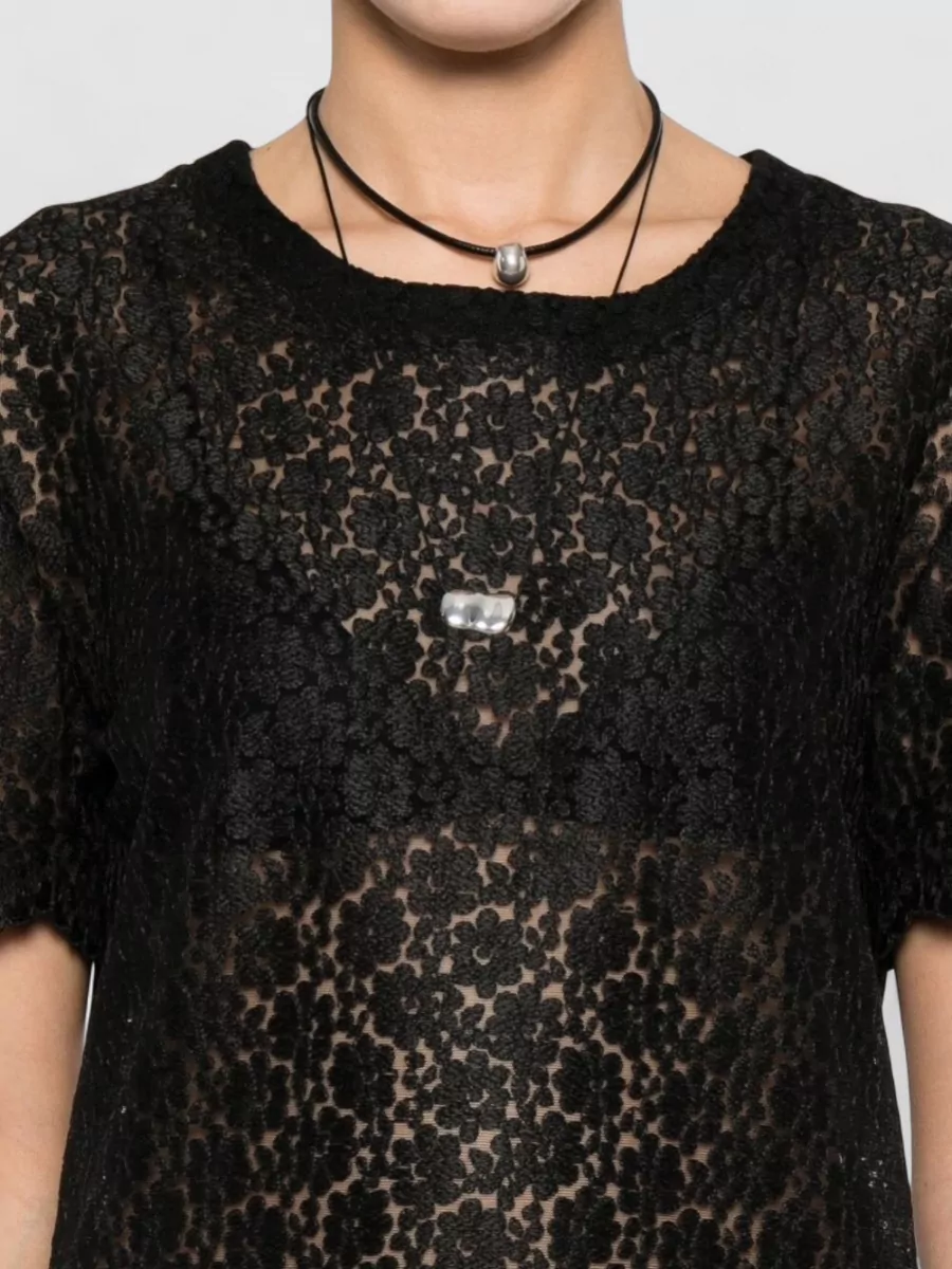 Ermanno Scervino Short Sleeve Top Sheer Floral Lace Hem