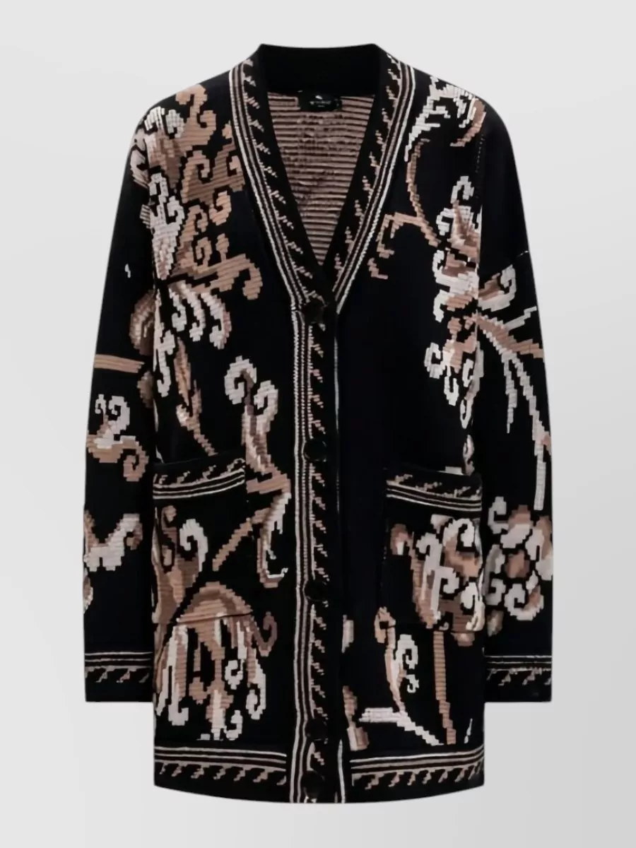 Etro wool floral-jacquard v-neck longline cardigan