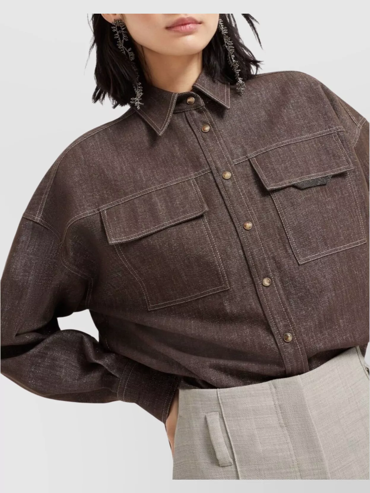 Brunello Cucinelli Long Sleeve Collared Top With Chest Pockets