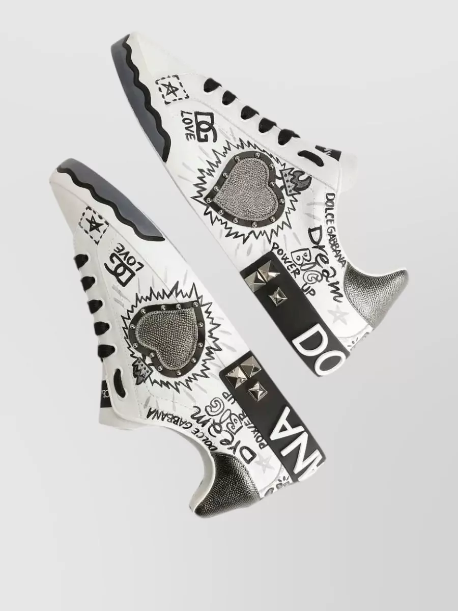 Dolce&Gabbana Leather Studded Printed Low-Top Sneakers