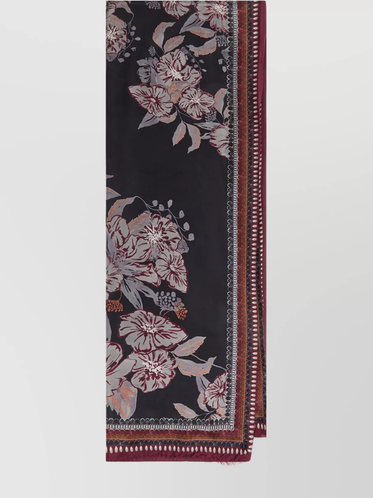 Maliparmi Floral Rectangular Scarf Fringed Edges In Black