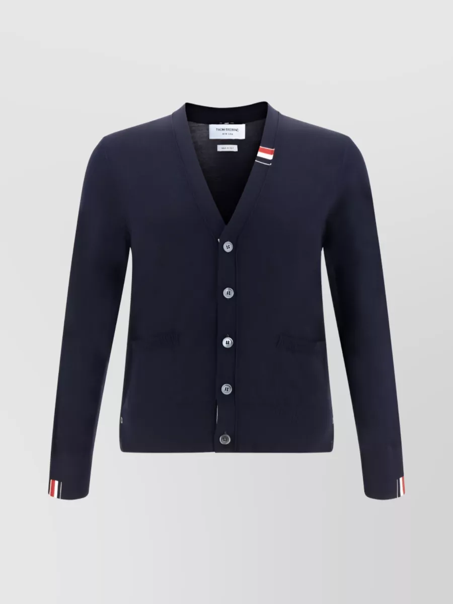 Shop Thom Browne Fine Knit V-neck Cardigan In Navy In Blue