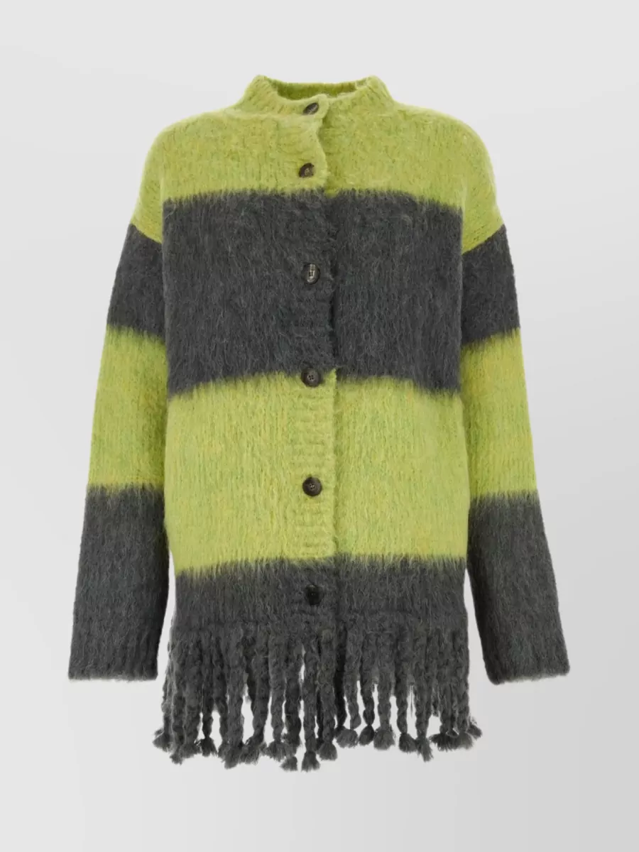 Shop Etro Striped Fringed Knit Cardigan In Brown