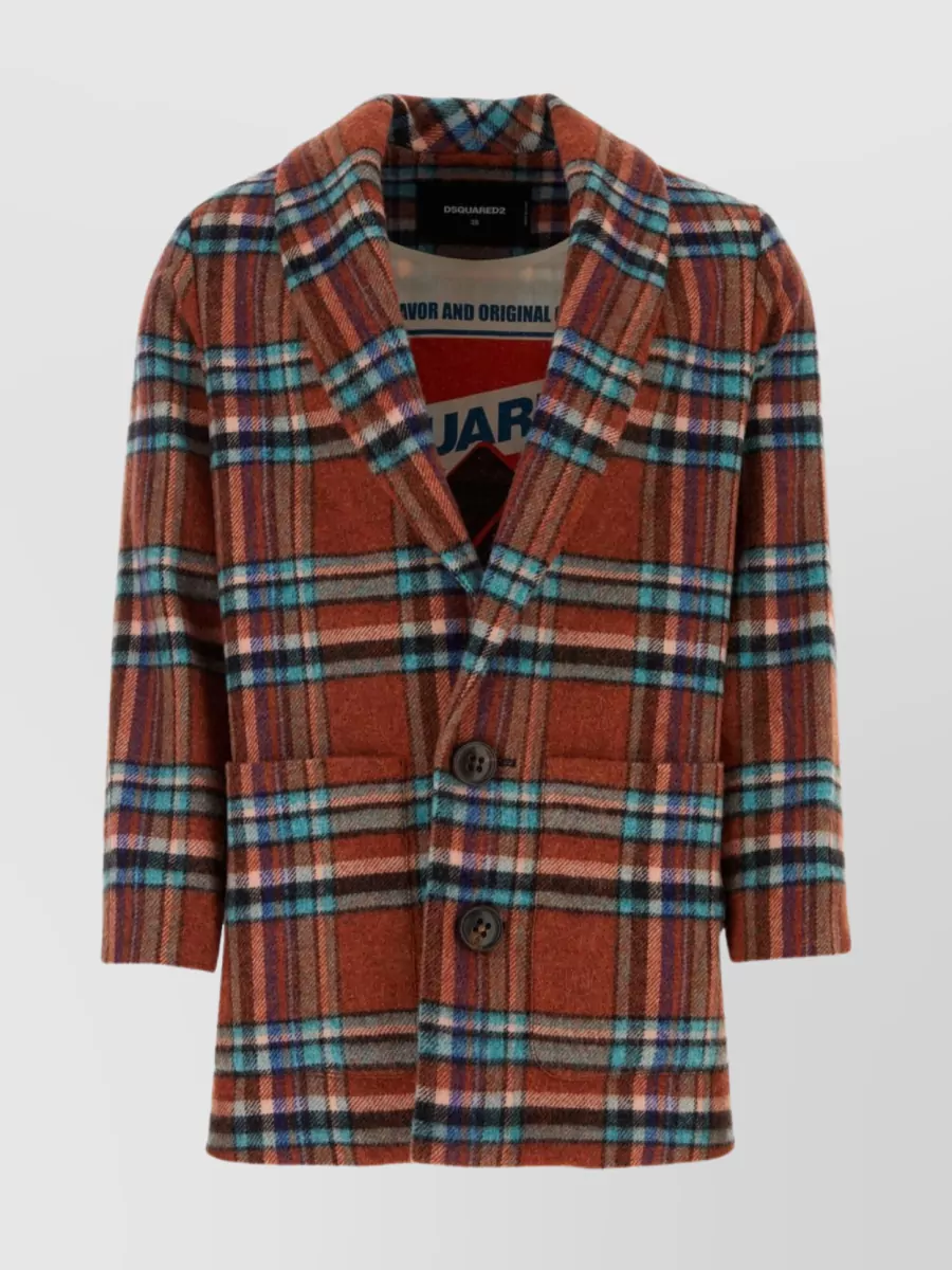 Shop Dsquared2 Woolen Coat With Embroidered Tartan Motif In Burgundy