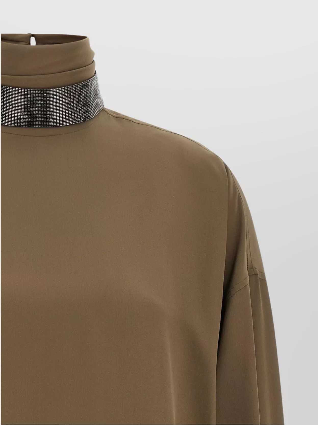 Brunello Cucinelli Silk Blouse With High Collar And Keyhole Back In Brown