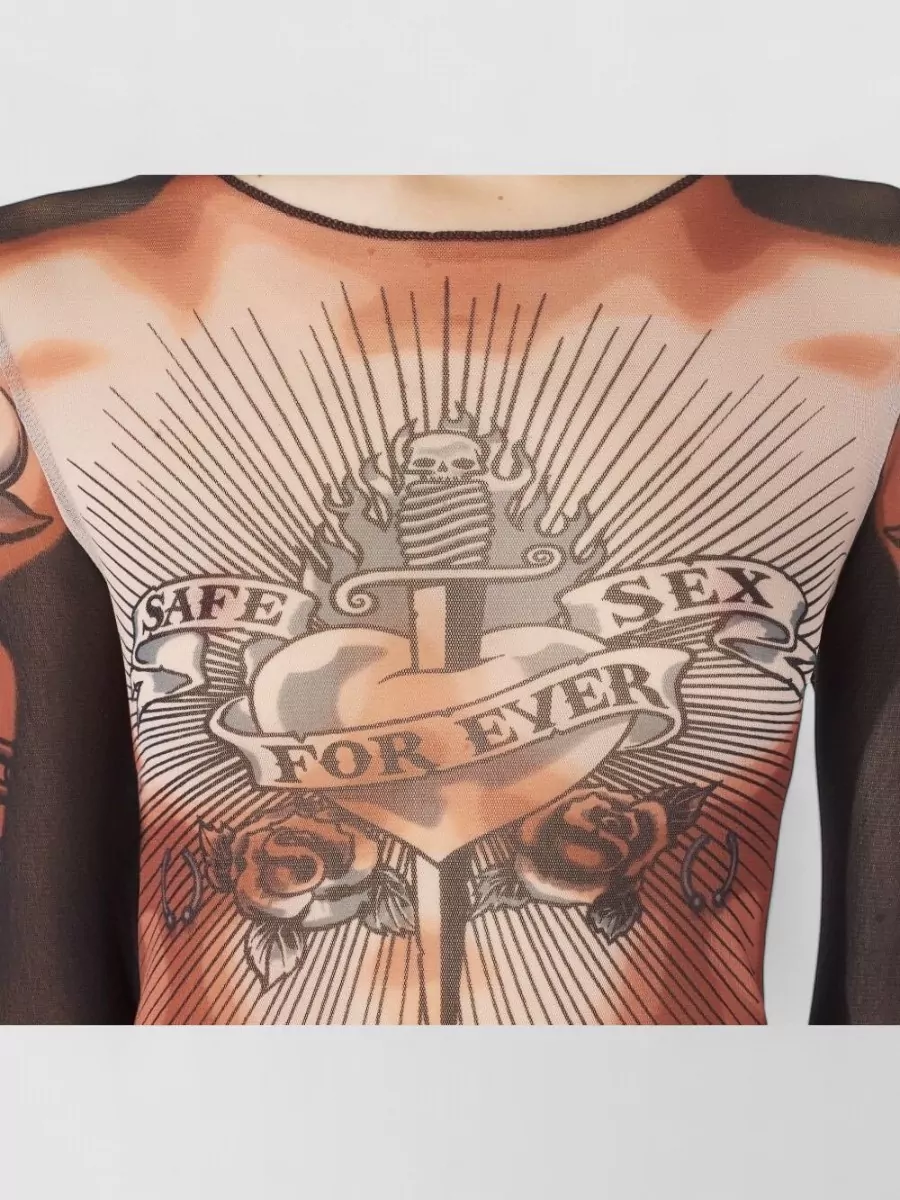 Jean Paul Gaultier Printed Long-Sleeve Tulle Top