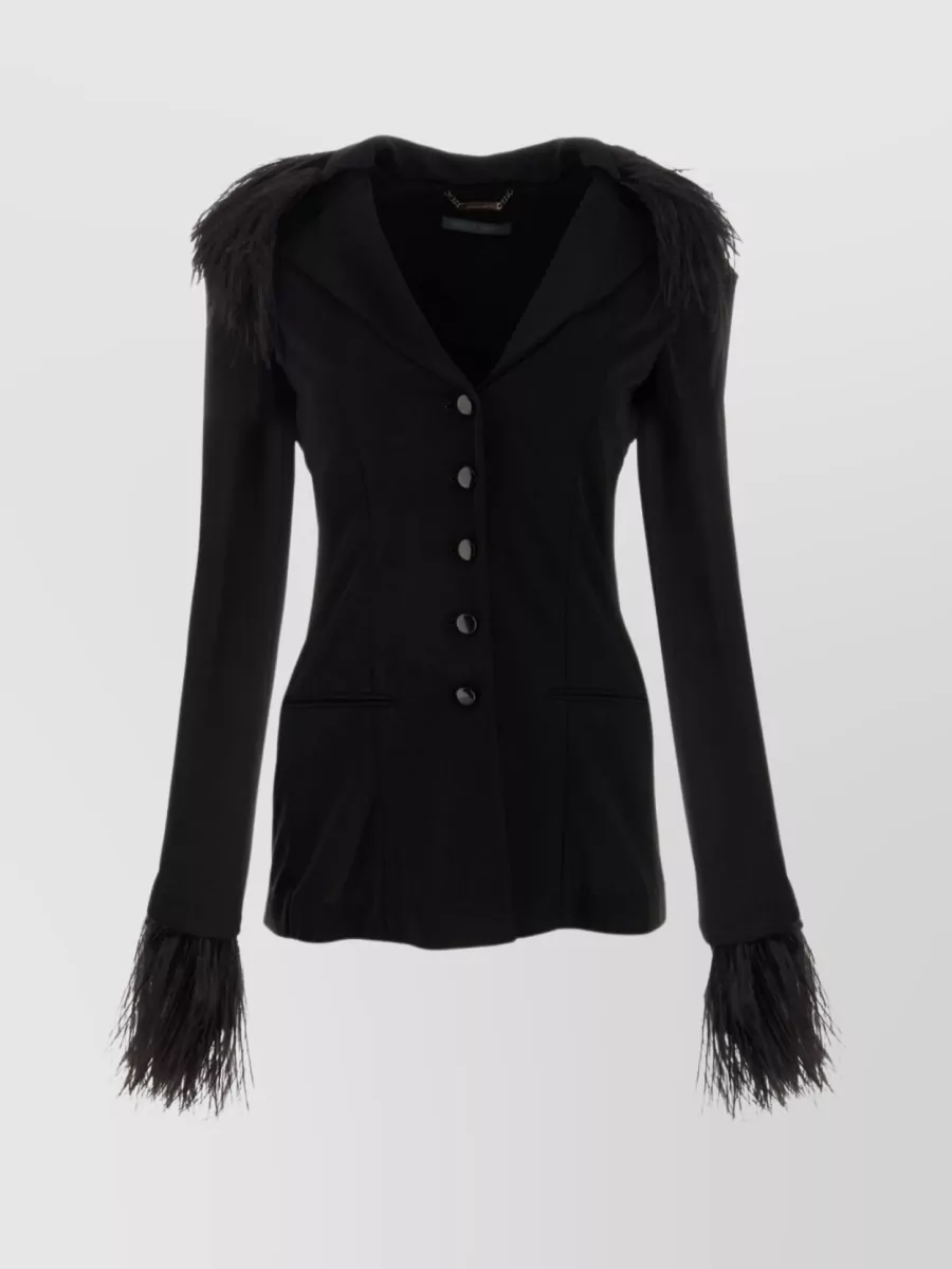 Shop Alberta Ferretti Feather Trimmed Crepe Blazer With Structured Shoulders In Black
