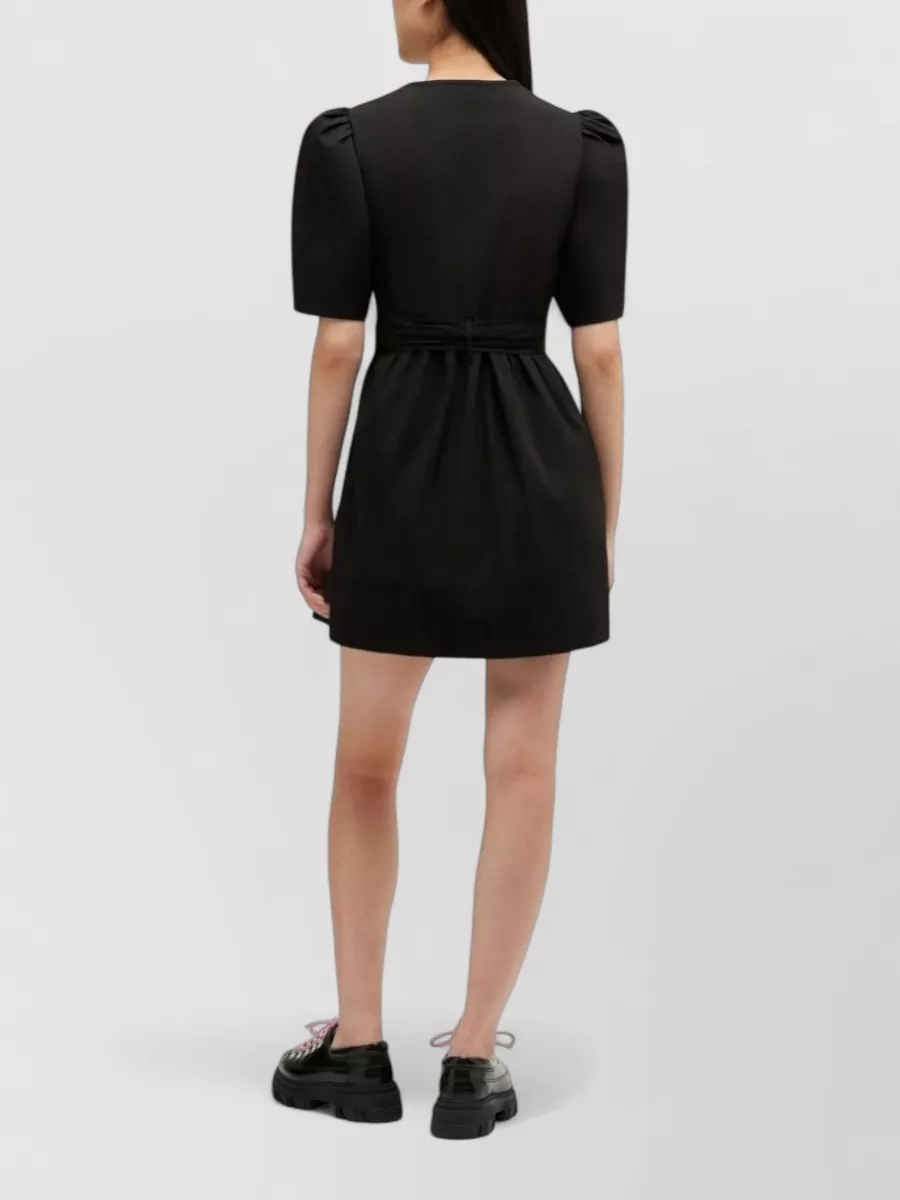 Ganni Organic Cotton V-Neck Short-Sleeve Belted Mini Dress