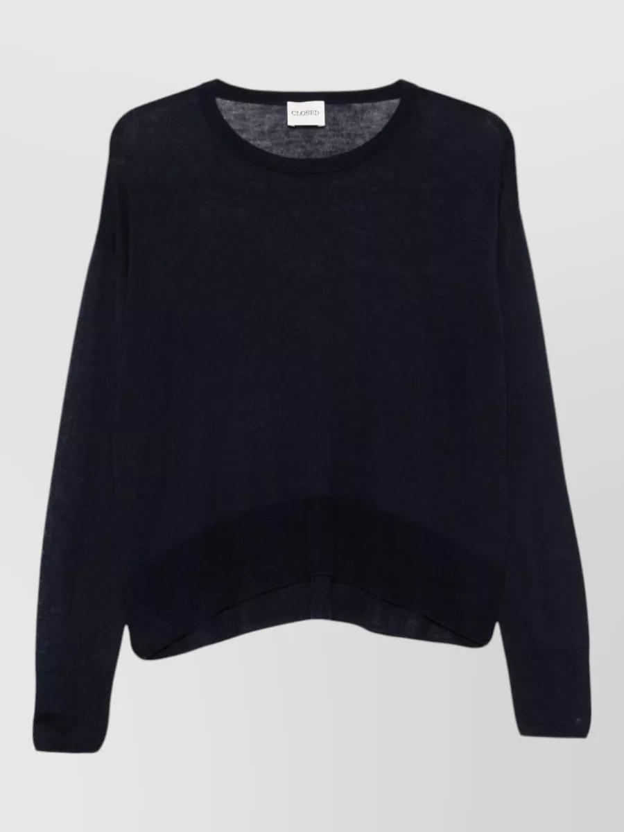 Closed fine-knit wool semi-sheer round-neck drop-shoulder long-sleeve sweater