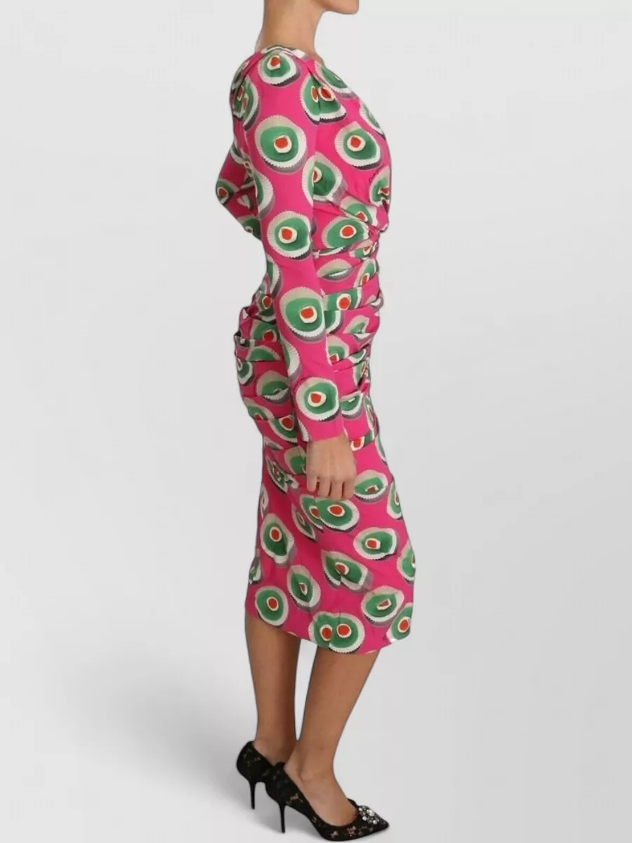 Dolce&Gabbana Silk Printed V-Neck Long-Sleeve Midi Dress