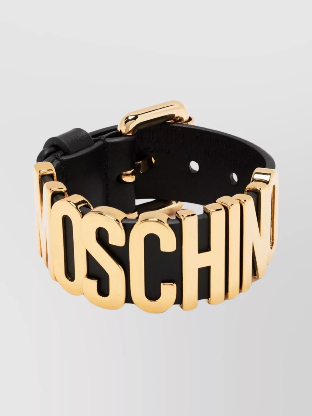 Shop Moschino Polished Gold-tone Leather Bracelet With Adjustable Fit In Black
