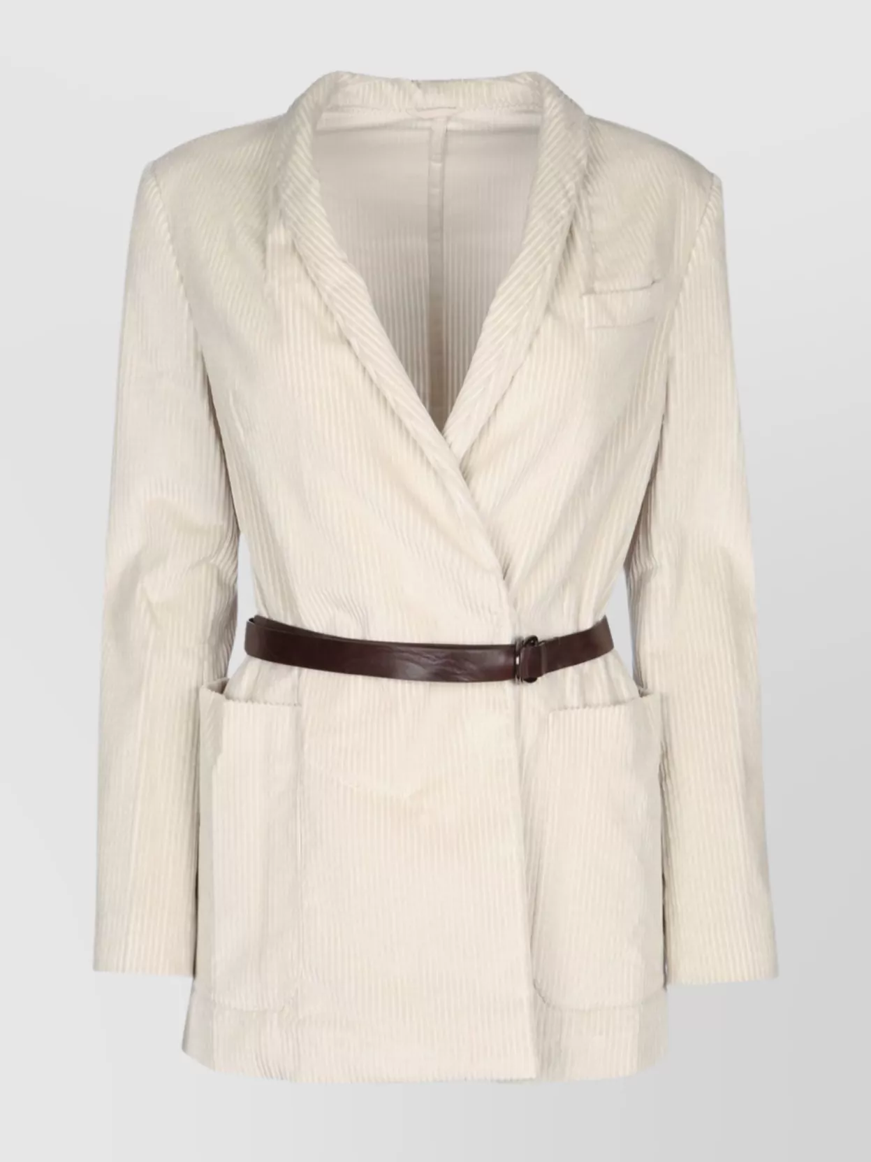 Brunello Cucinelli Waist Belted Jacket With Pockets And Lapel In White
