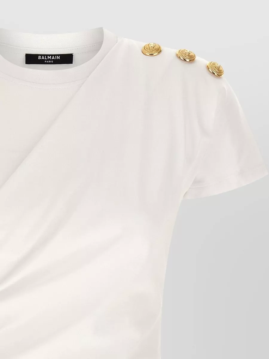 Balmain Ruched Round Neck Top Three Buttons