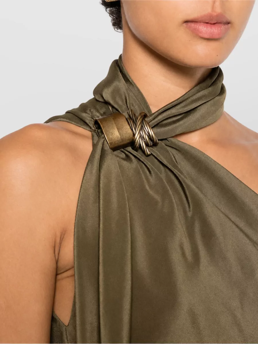 Max Mara Silk Satin One-Shoulder Halterneck Draped Asymmetric Midi Dress