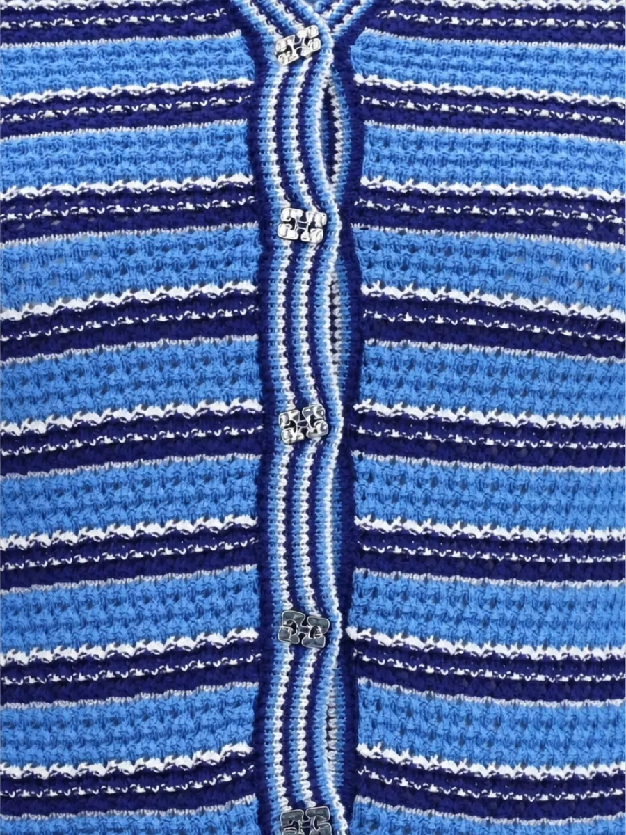 Ganni Striped Cotton V-Neck Cardigan