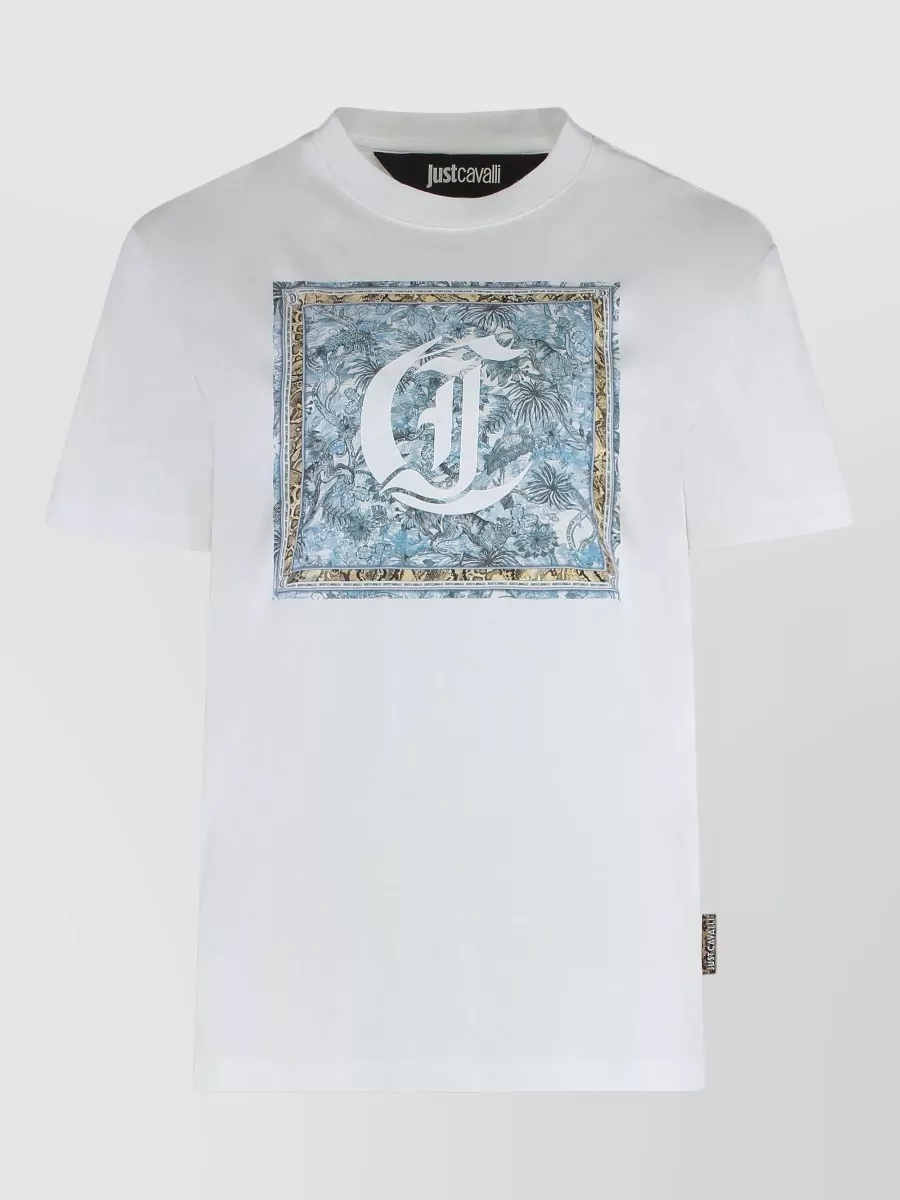 Just Cavalli Graphic Cotton T-shirt Round Neckline In Metallic
