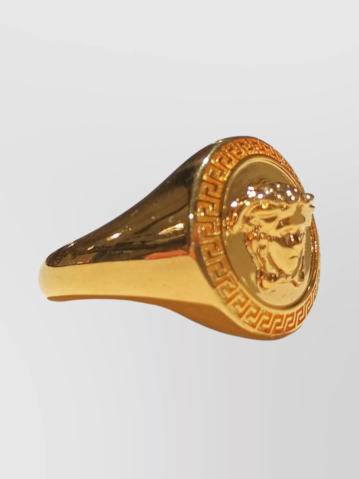 Versace Engraved Greek Key Medusa Head Ring In Brown