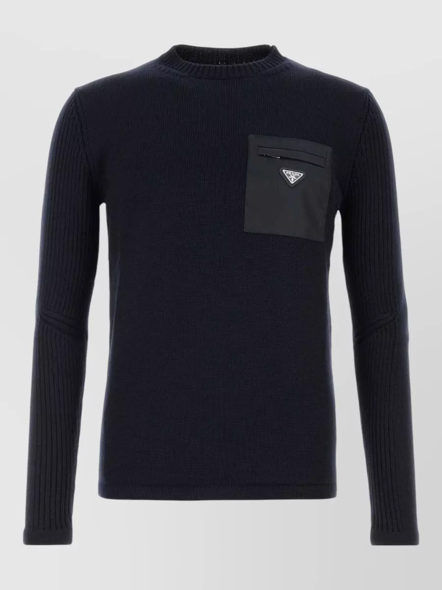 Prada Wool Sweater Crew Neck Chest Pocket In Black