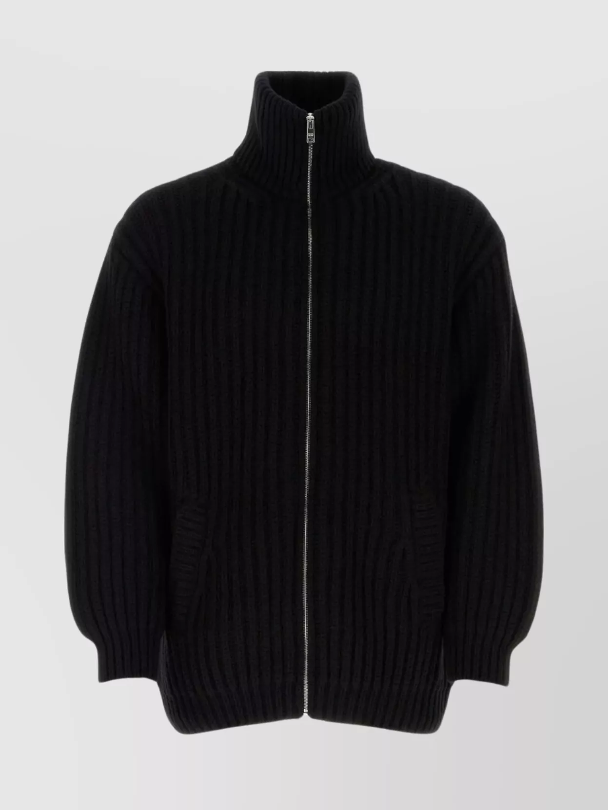 Shop Prada Cashmere Ribbed Knit Cardigan With Funnel Neck In Black