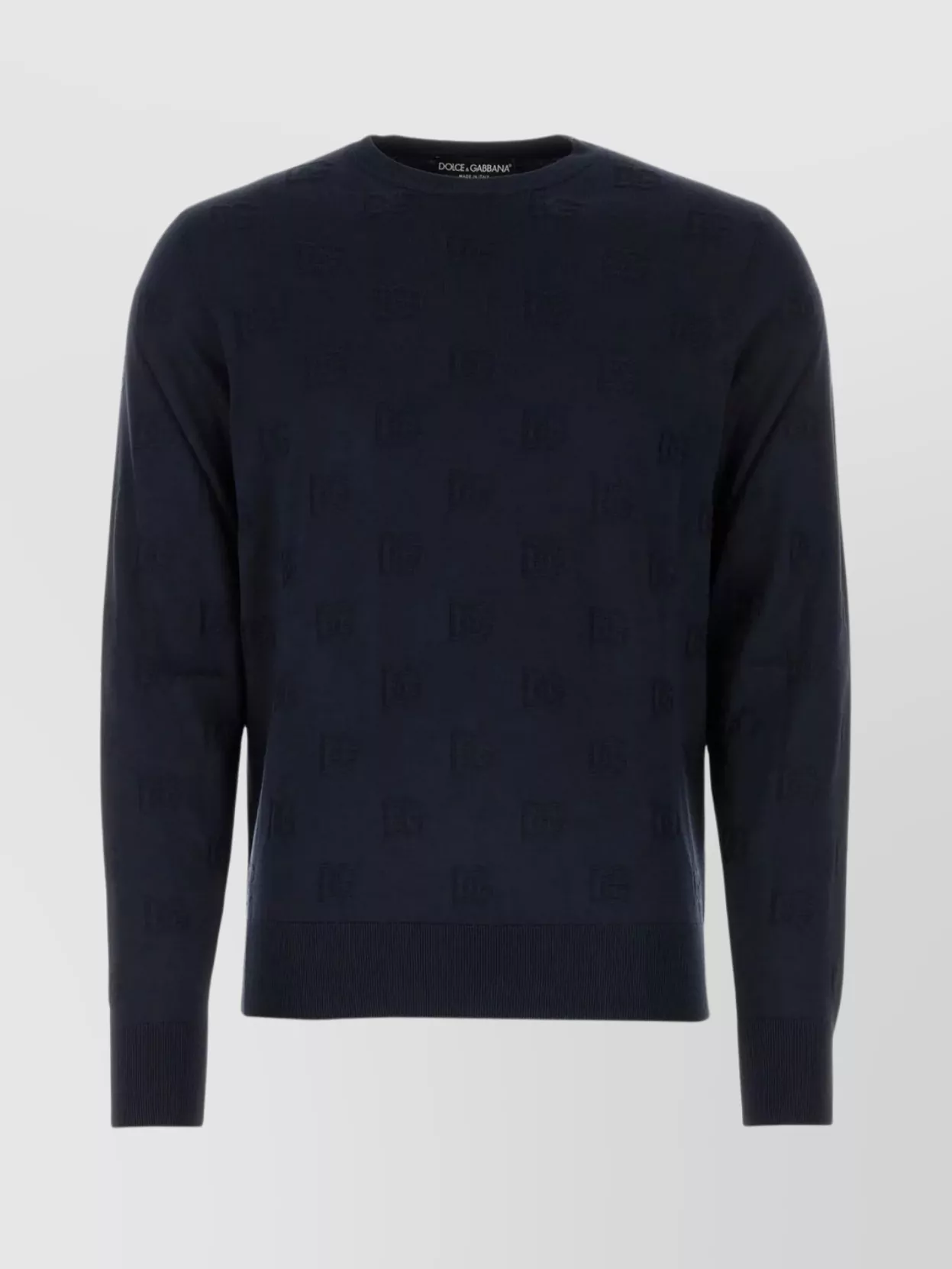 Shop Dolce & Gabbana Silk Ribbed Crew-neck Sweater With Logo Pattern In Blue
