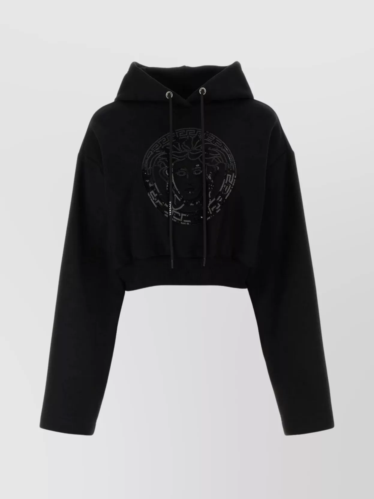 Shop Versace Hooded Cropped Sweatshirt With Drop Shoulders In Black