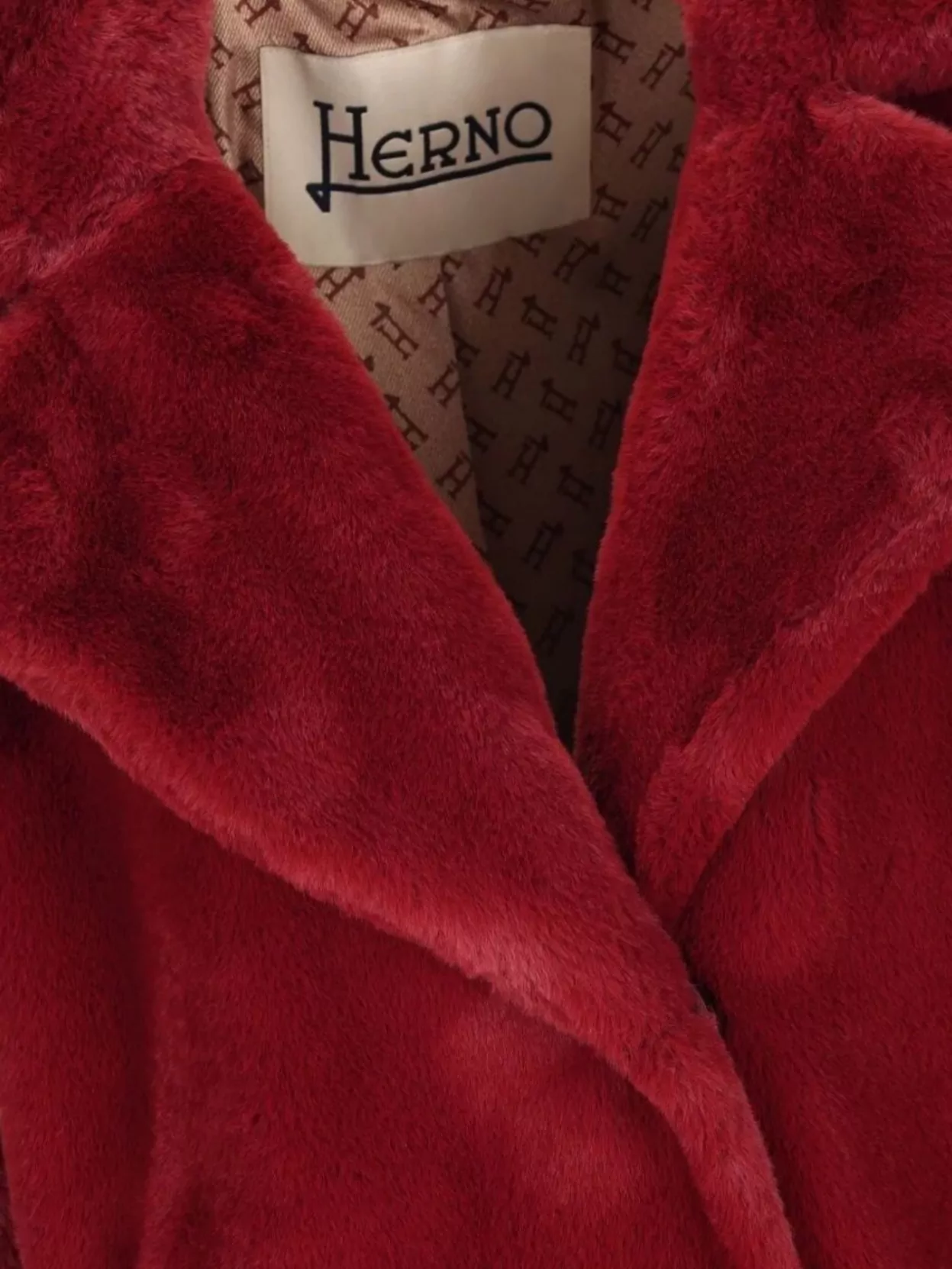 Herno Long Faux Fur Coat With Belted Waist In Red