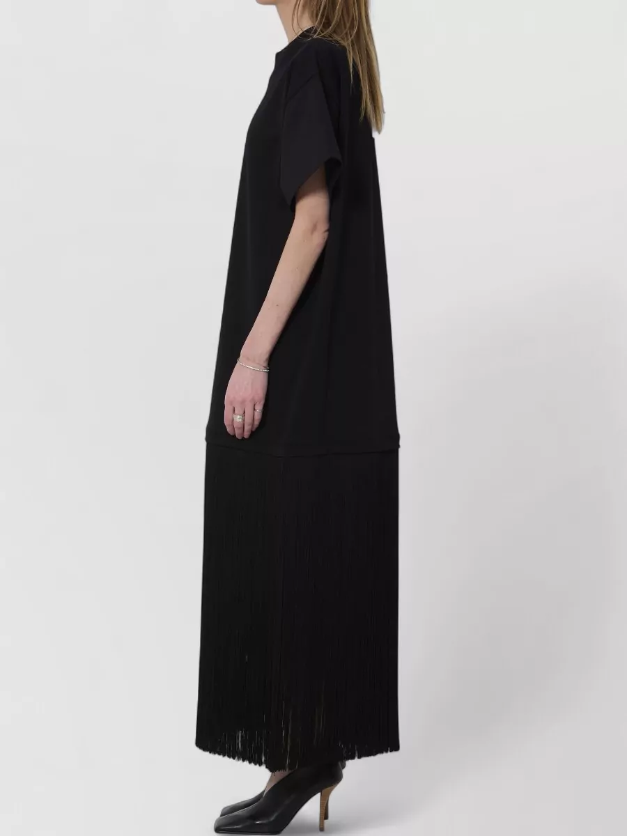 Alaïa Cotton Ribbed Crew-Neck Short-Sleeve Fringed Midi Dress