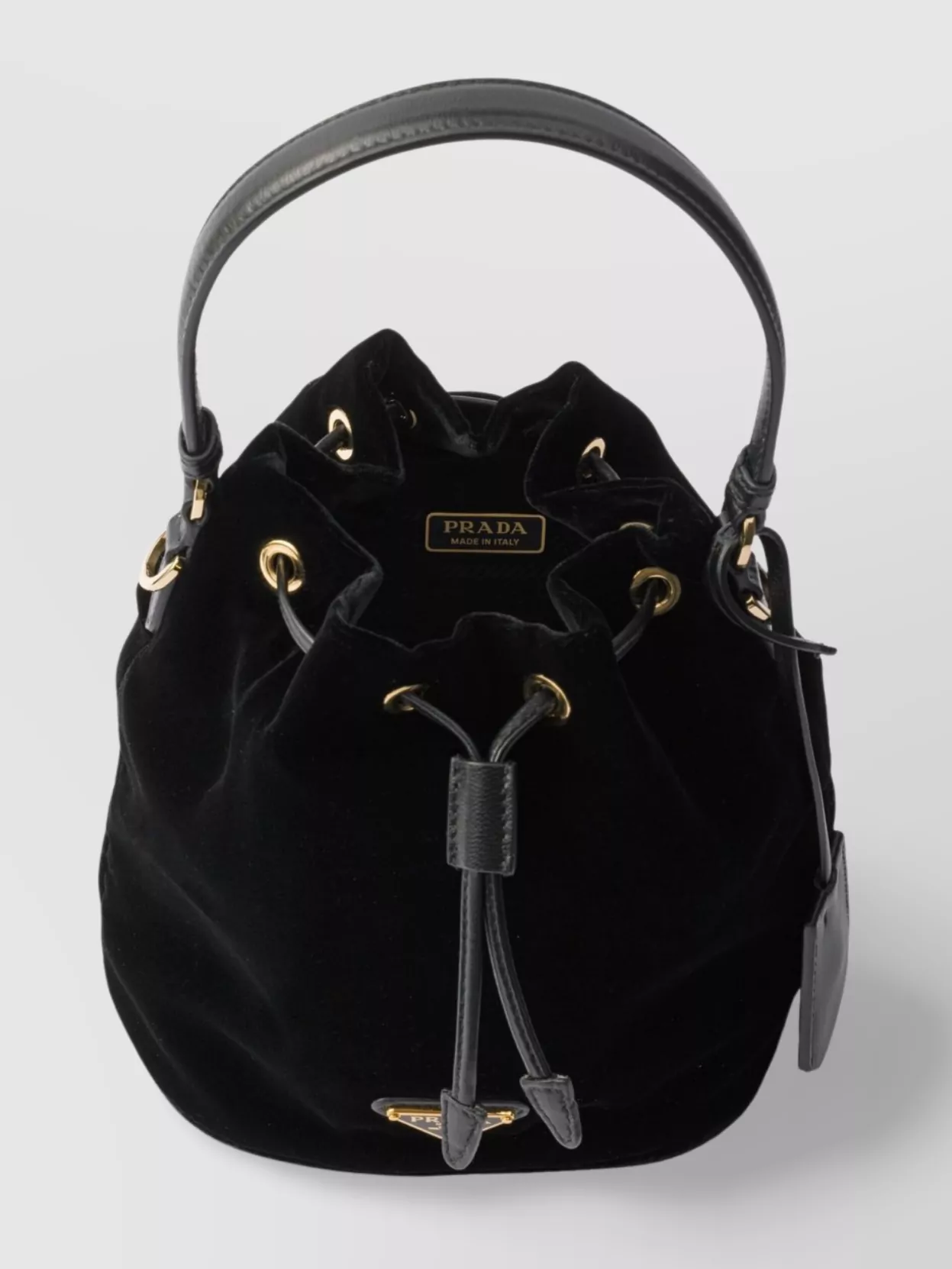 Prada Bucket Bag With Leather Handle And Metal Finishes In Black