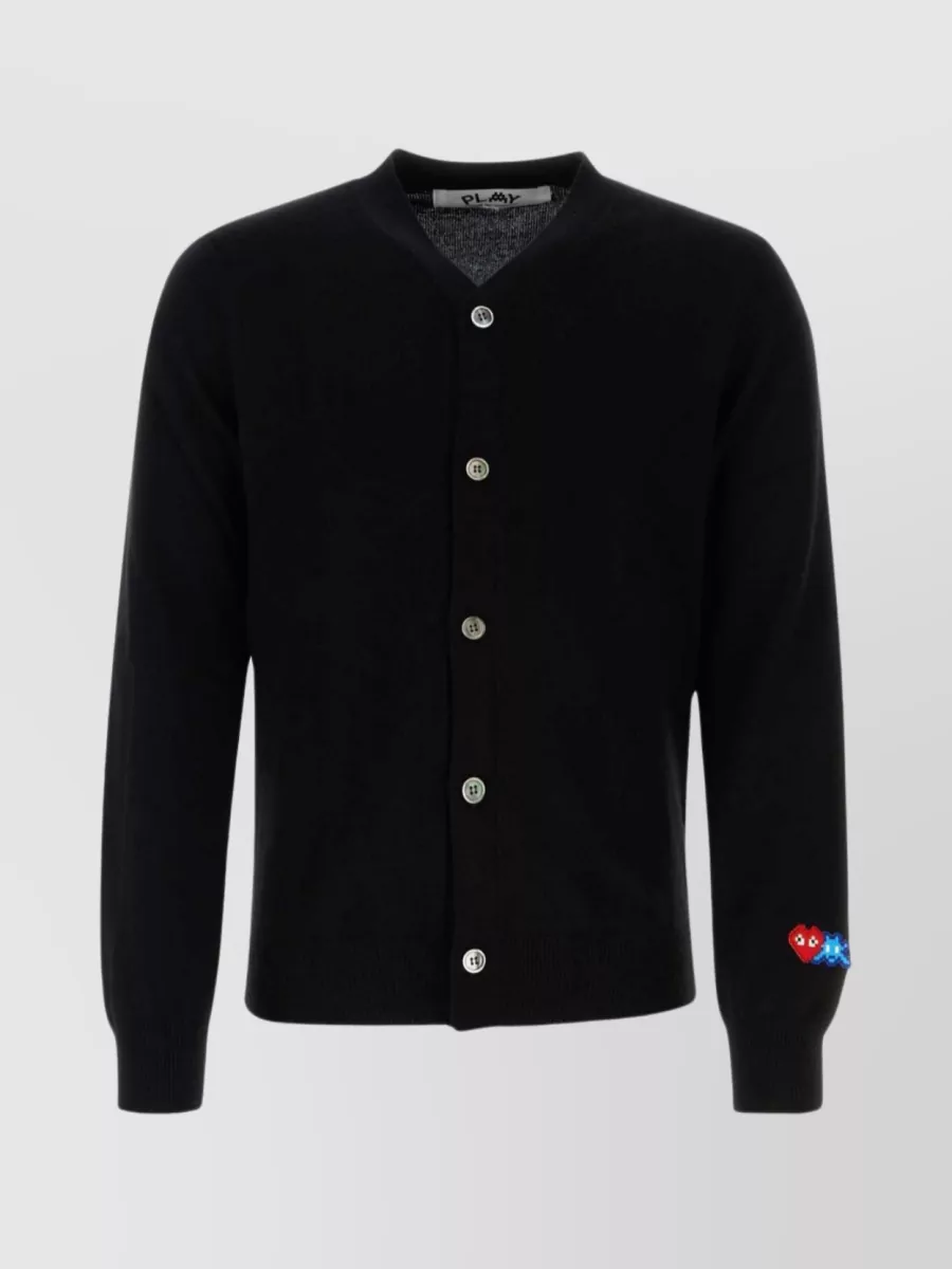 Shop Comme Des Garçons Play Sleeve Embroidered Wool Cardigan In Black