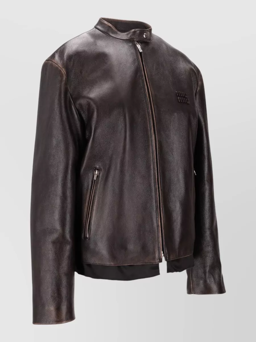 Miu Miu Leather Jacket With Stand Collar And Pockets