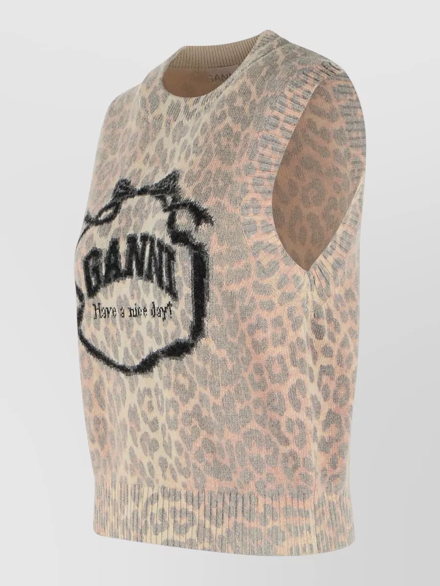 Ganni Leopard Knit Vest Crew Neck Sleeveless