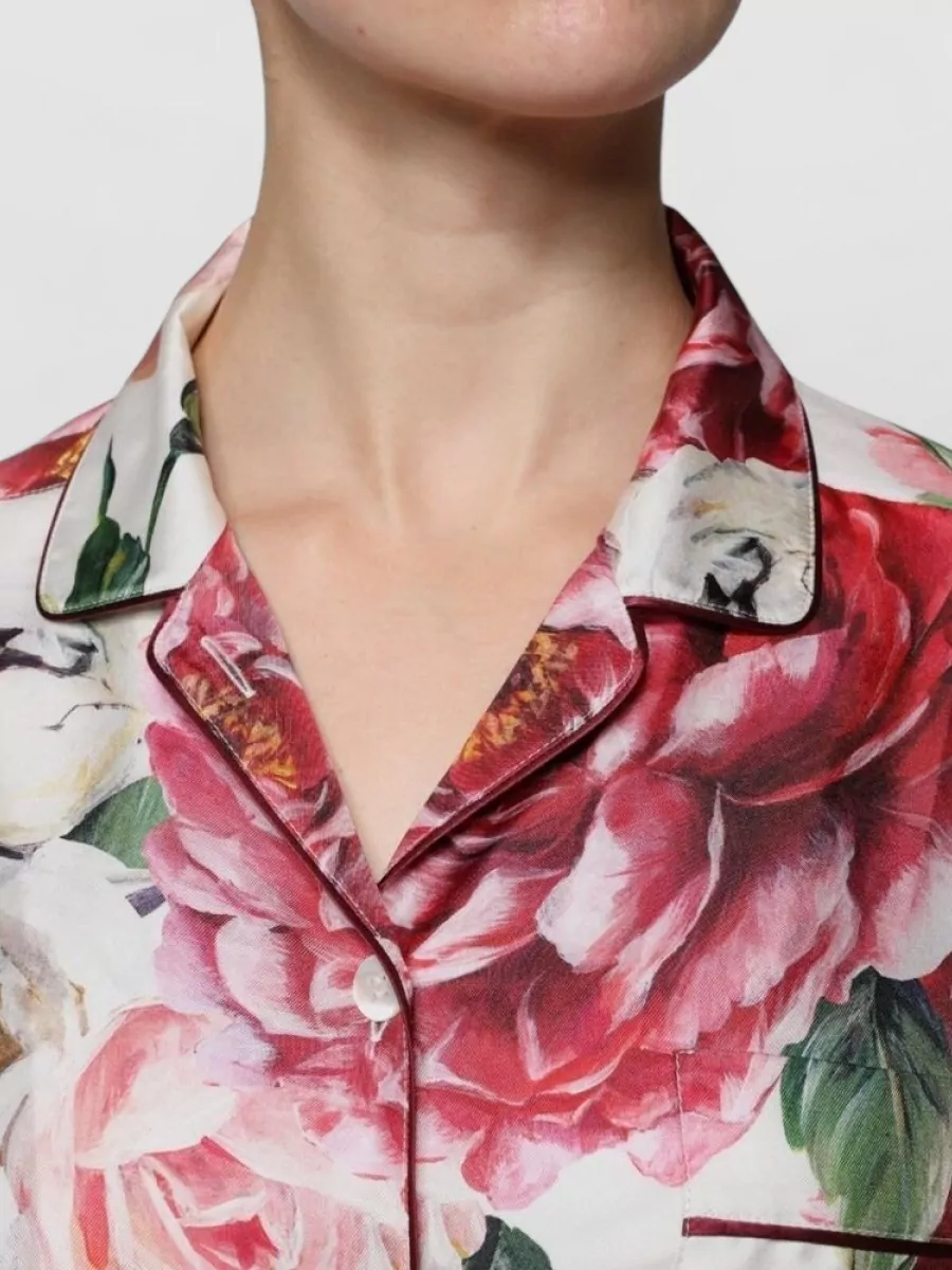 Dolce&Gabbana Silk Floral-Print Long-Sleeve Collared Blouse