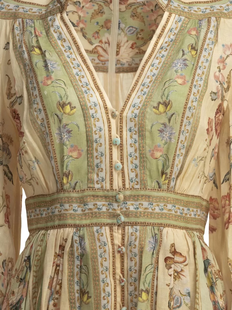 Zimmermann Linen Floral-Print V-Neck Long-Sleeve Mini Dress