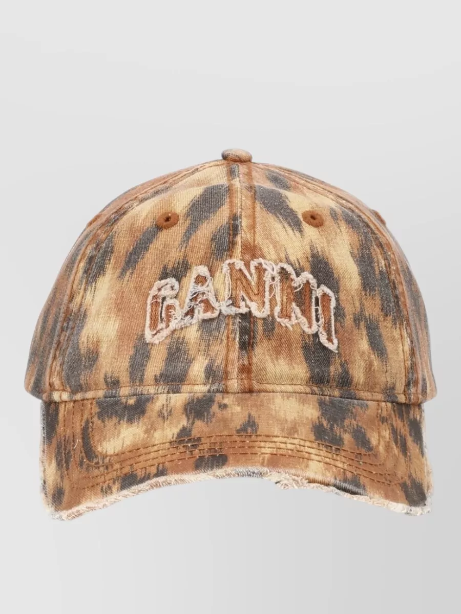 Ganni Distressed Curved Brim Structured Hat In Brown
