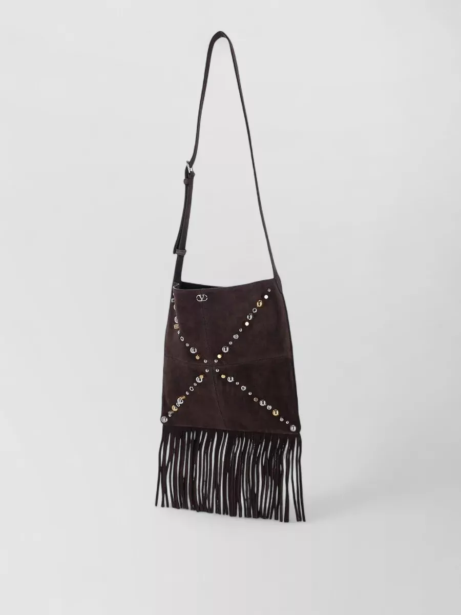 Valentino Garavani Suede Shoulder Bag Fringes Metal Studs