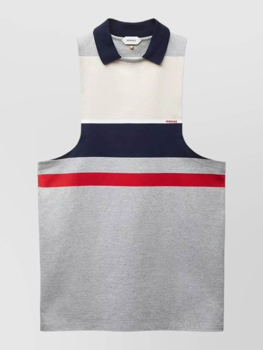 Versace cotton ribbed sleeveless striped cutout polo mini dress