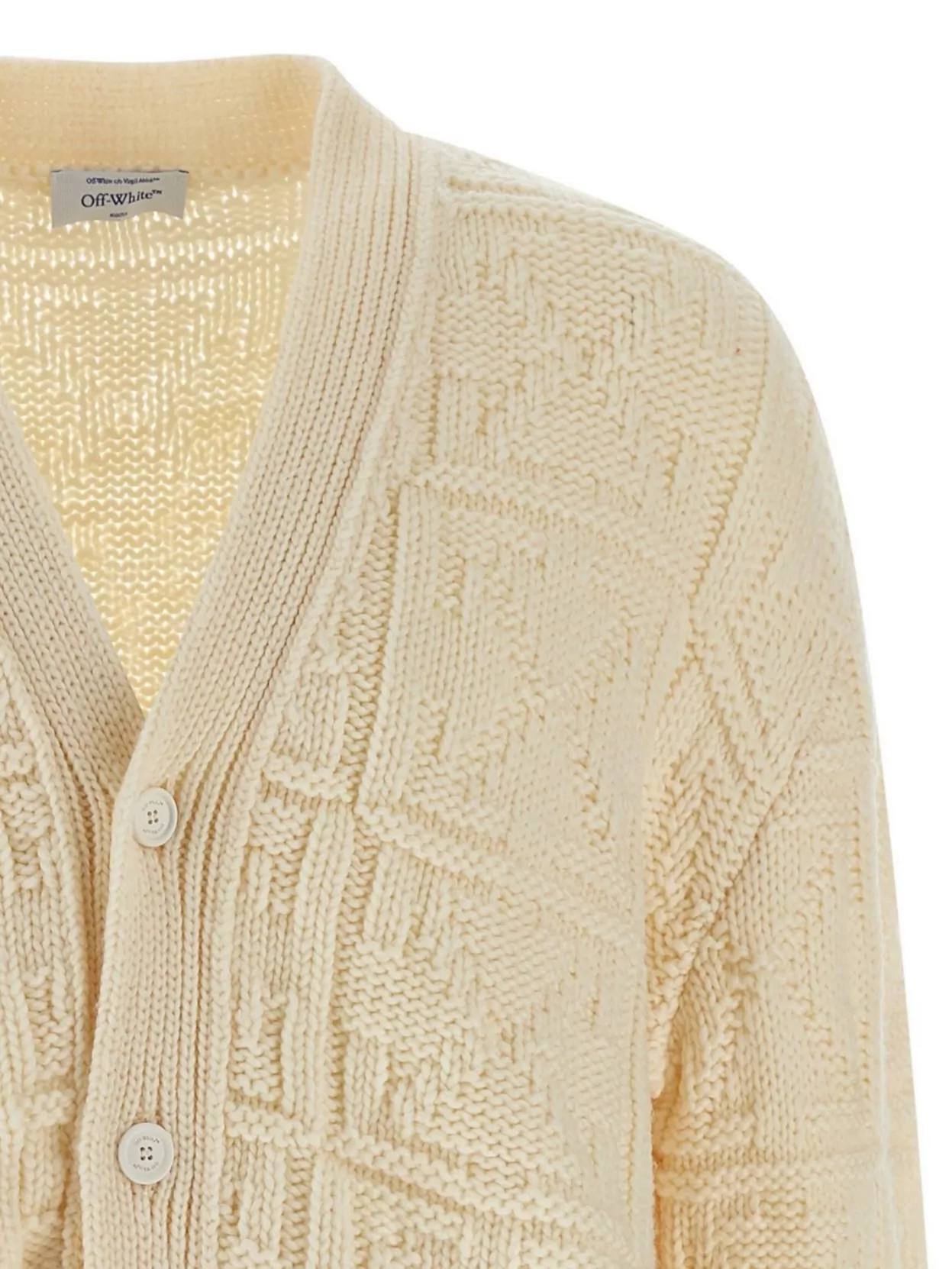 Off-White Ribbed Cuff And Hem Textured Knit Cardigan