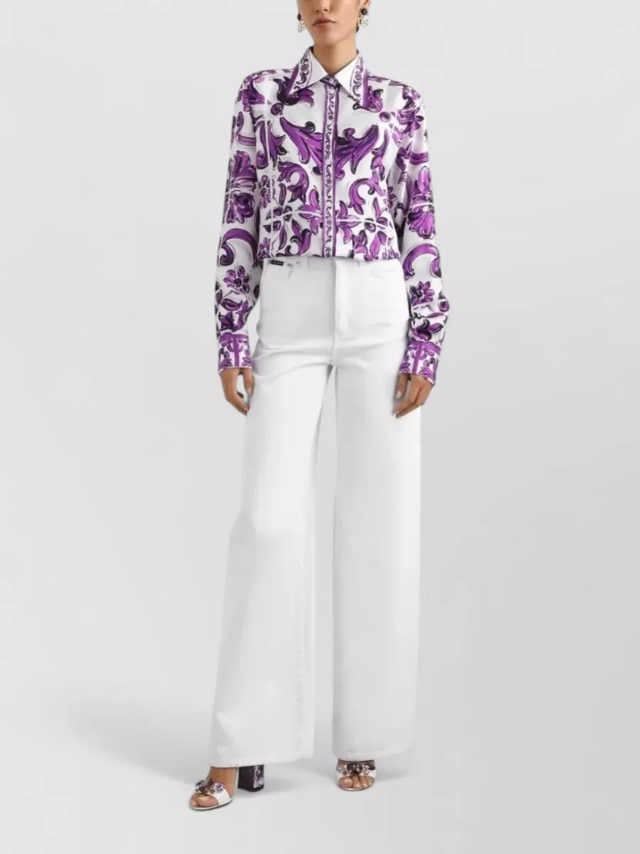 Dolce & Gabbana Silk Shirt Maiolica Print Floral Pattern In Purple