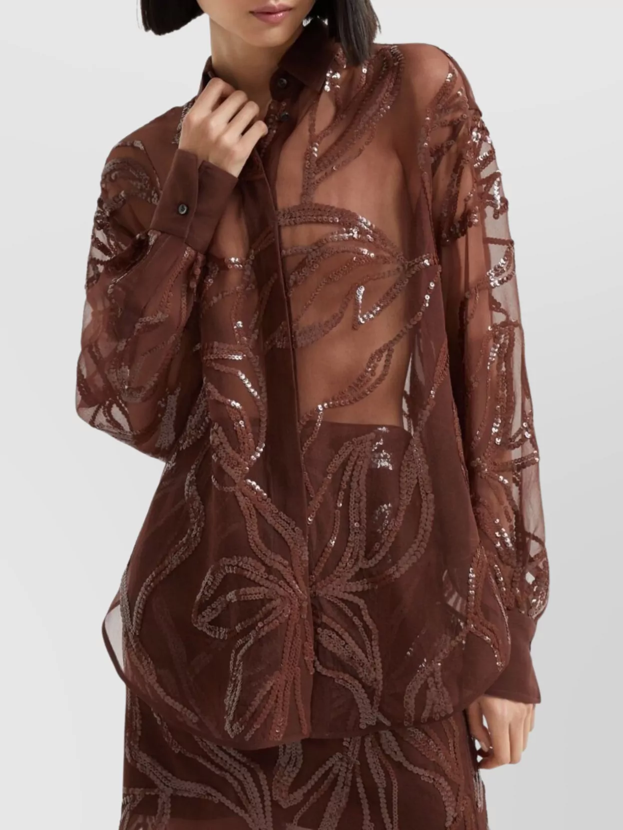 Brunello Cucinelli Floral Sequin Embellished Silk Collared Top In Brown