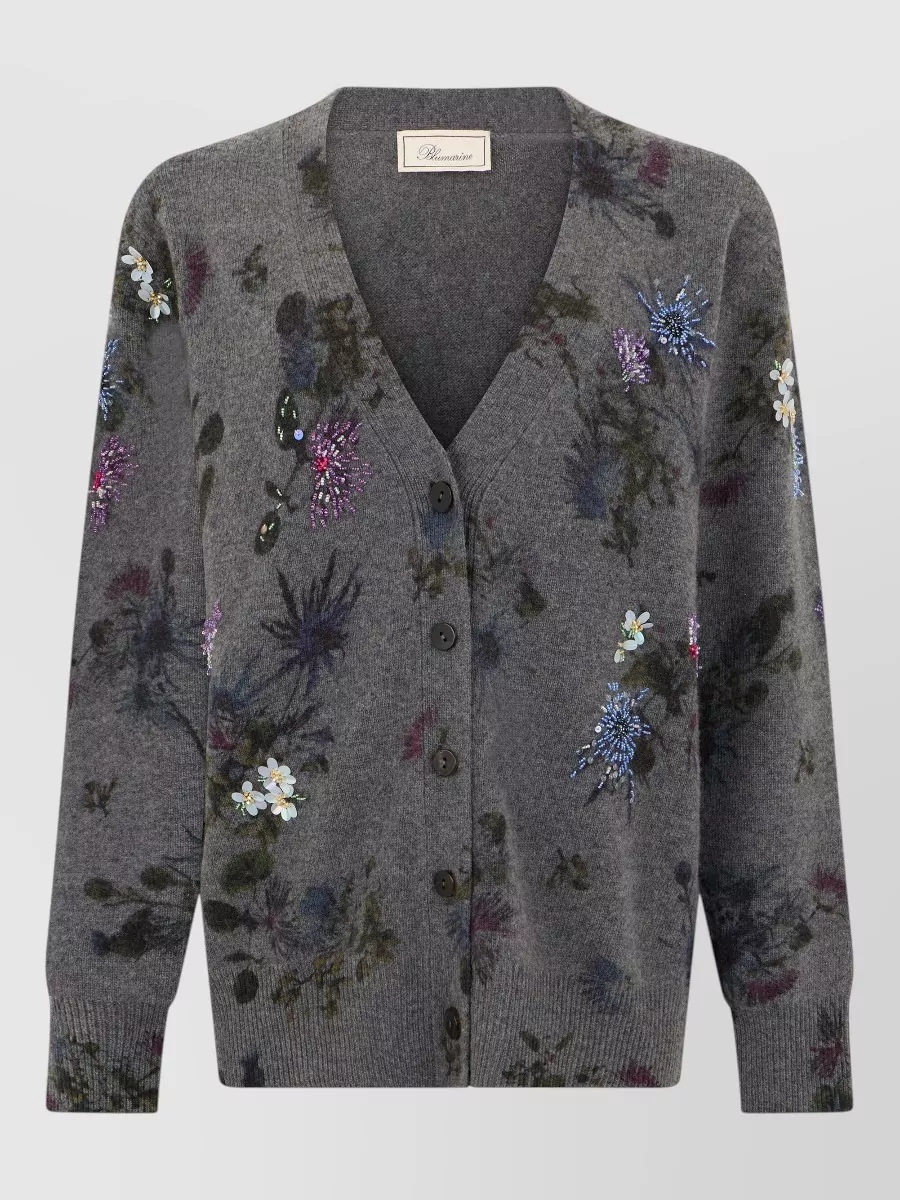 Blumarine Cashmere Wool Floral Print V-Neck Long-Sleeve Cardigan