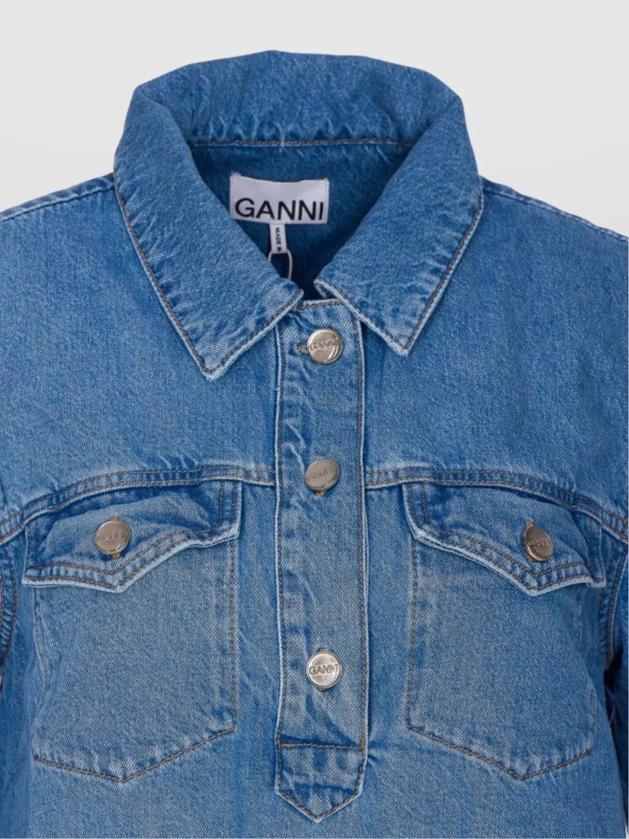 Ganni Denim Dress With Embroidered Hem And Pockets