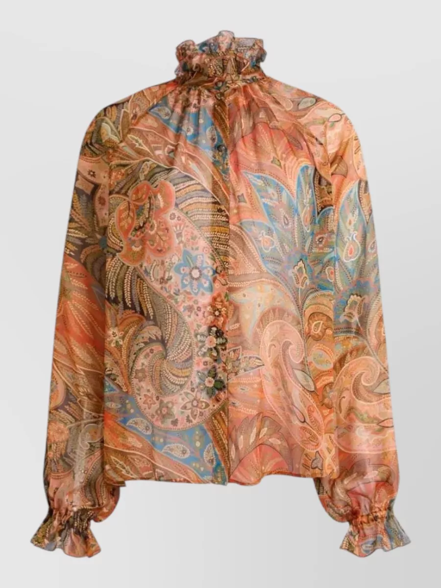 Etro silk paisley ruffled long-sleeve blouse