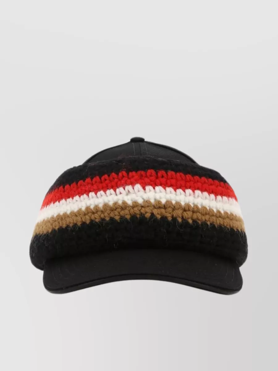 Shop Burberry Cotton Hat With Curved Visor And Striped Pattern In Black